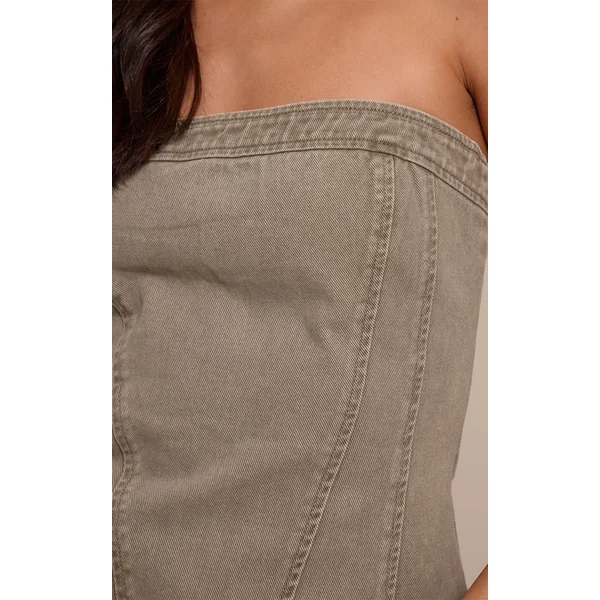 Kaki Délavé Top Corset Bustier En Denim Sans Bretelles Pour Grande Taille