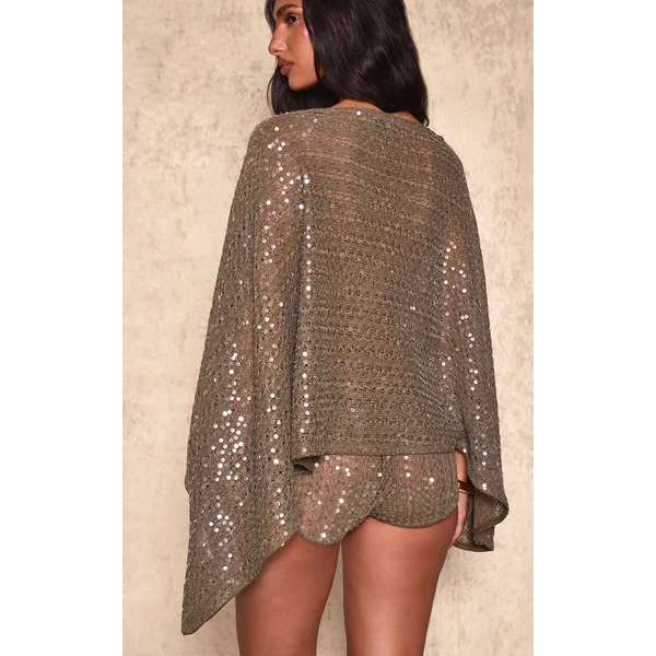 Kaki Ensemble Coordonné Short Mini Texturé À Sequins
