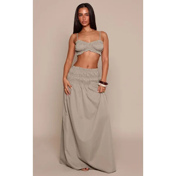Kaki Ensemble Jupe Longue Tissée À Taille Froncée Et Ourlet À Volants Petite