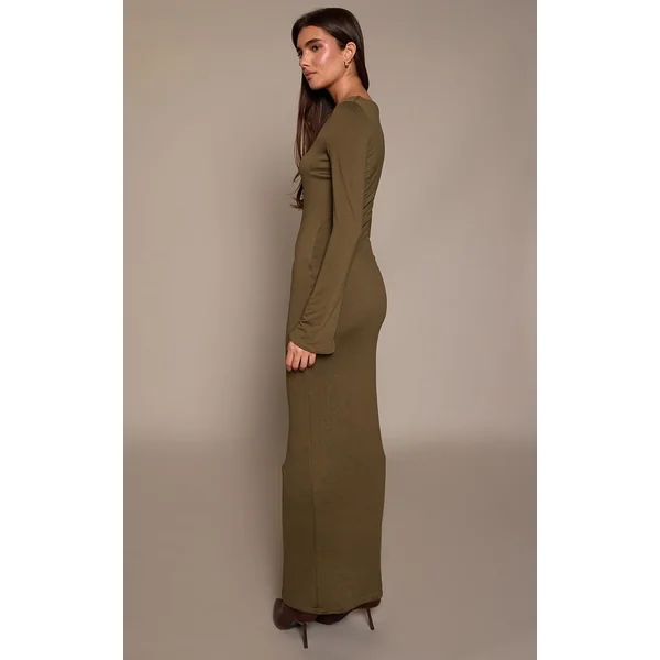 Kaki Foncé Robe Maxi À Manches Longues En Jersey Doux Au Toucher