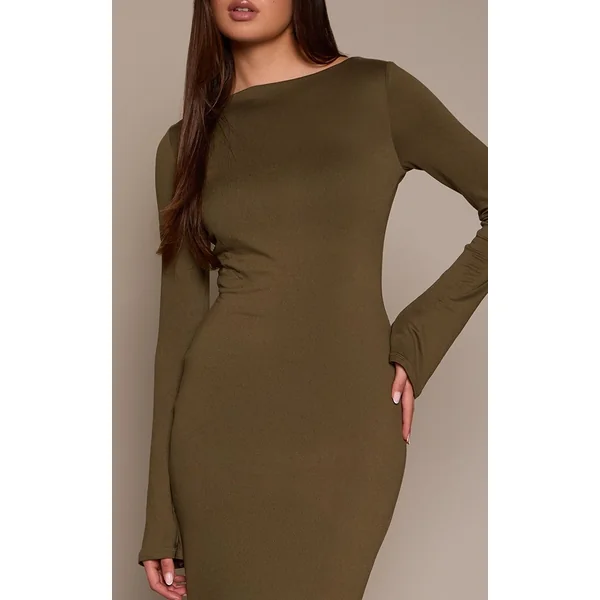 Kaki Foncé Robe Maxi À Manches Longues En Jersey Doux Au Toucher