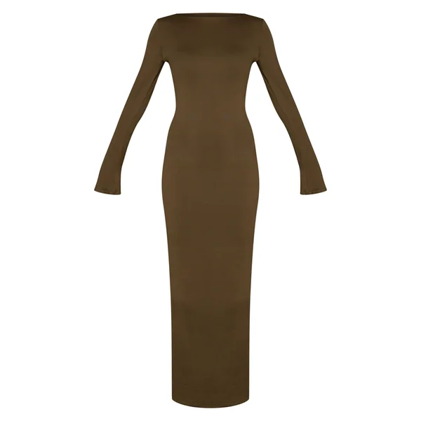 Kaki Foncé Robe Maxi À Manches Longues En Jersey Doux Au Toucher