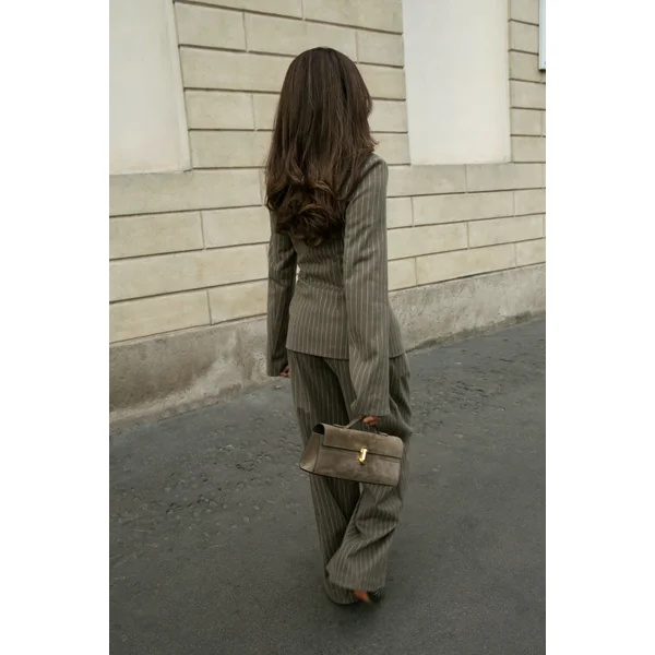 Kaki Pantalon Droit Plissé À Fines Rayures