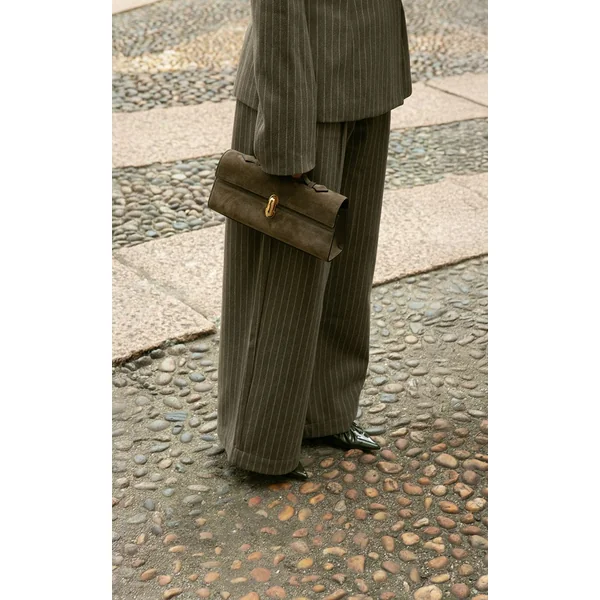 Kaki Pantalon Droit Plissé À Fines Rayures