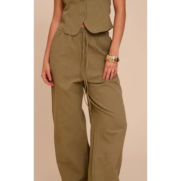 Kaki Pantalon Large À Cordon De Serrage Aspect Lin Tailleur