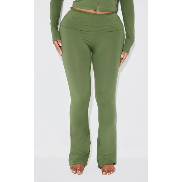 Kaki Pantalon Évasé Taille Haute Sculptant À Rabat Shape Stretch