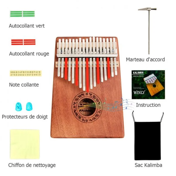Kalimba 17 Tons Piano à Pouce Portable en Bois Acajou avec Accordeur Autocollant Sac 9 Accessoires