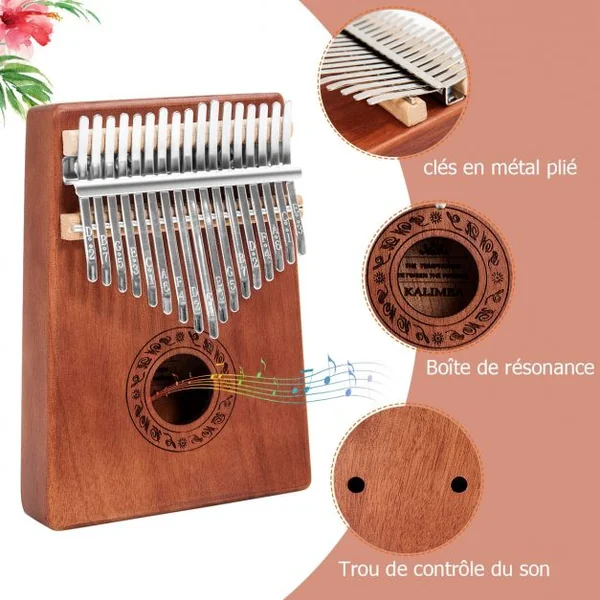 Kalimba 17 Tons Piano à Pouce Portable en Bois Acajou avec Accordeur Autocollant Sac 9 Accessoires