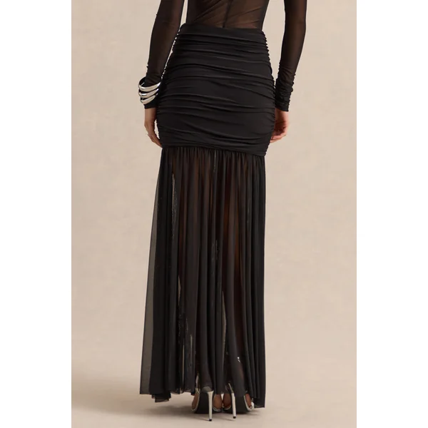 Kallie | Jupe longue noire en mesh à taille torsadée