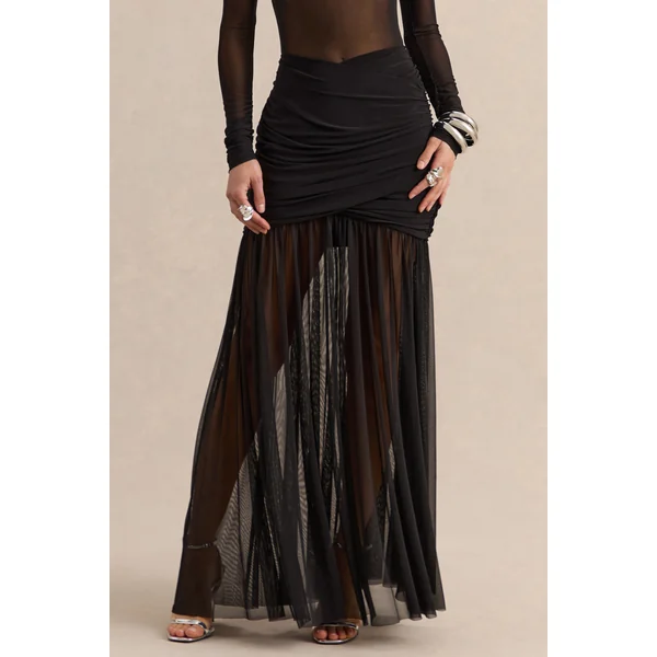 Kallie | Jupe longue noire en mesh à taille torsadée
