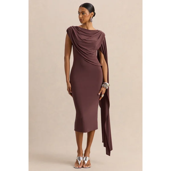 Kamoria | Robe mi-longue marron à encolure ronde avec manche cape