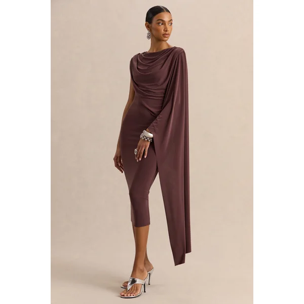 Kamoria | Robe mi-longue marron à encolure ronde avec manche cape