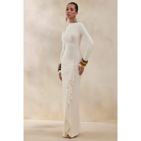 Karessa | Robe longue crème à encolure haute avec détails froncés et fente haute sur le devant