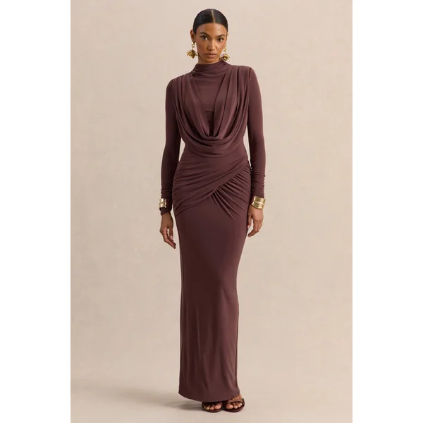 Karinthia | Robe longue marron à encolure haute et détails drapés