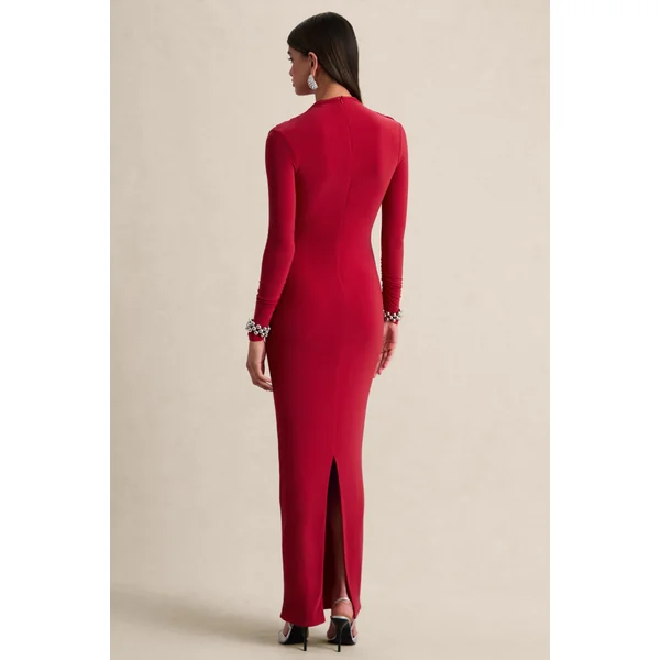 Karinthia | Robe longue rouge à encolure haute et détails drapés