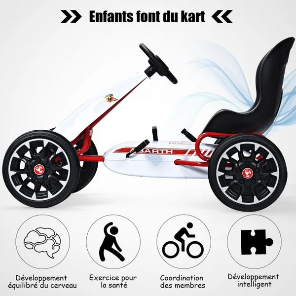 Kart à Pédales d’Extérieur pour Enfants avec Siège Réglable avec Pneus Diamètre de 30cm Blanc