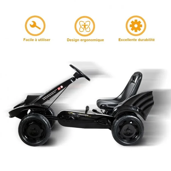 Kart à Pédales pour Enfant de 3 à 8 Ans Go-Kart Siège Ajustable Frein à Main Capacité 30kg en PP Fer 112x62x61cm Noir