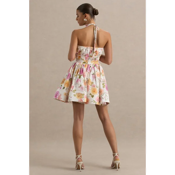 Kasey | Mini-Robe Dos-Nu à Imprimé Fleuri Crème avec Détail à Volants
