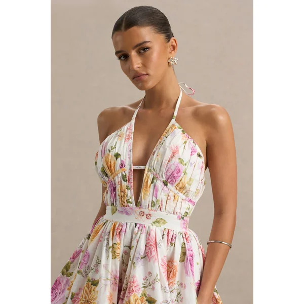 Kasey | Mini-Robe Dos-Nu à Imprimé Fleuri Crème avec Détail à Volants