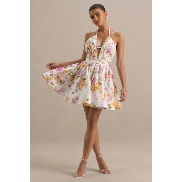 Kasey | Mini-Robe Dos-Nu à Imprimé Fleuri Crème avec Détail à Volants