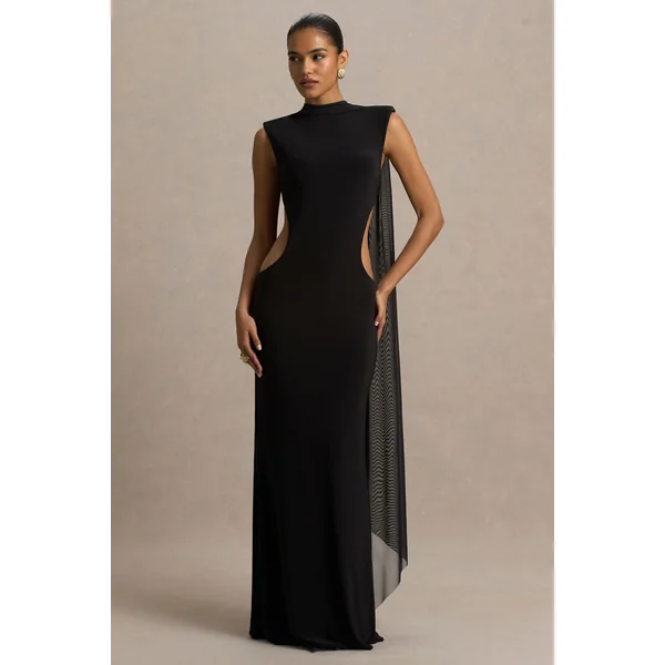 Katara | Robe longue noire à col montant avec découpes sur le corps
