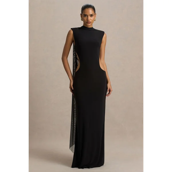 Katara | Robe longue noire à col montant avec découpes sur le corps