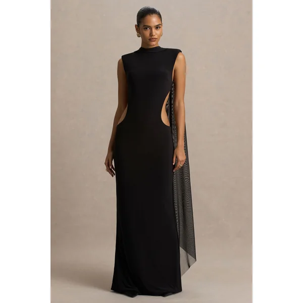 Katara | Robe longue noire à col montant avec découpes sur le corps