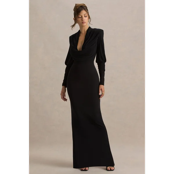 Kaylee | Robe longue noire à col bénitier et détails drapés