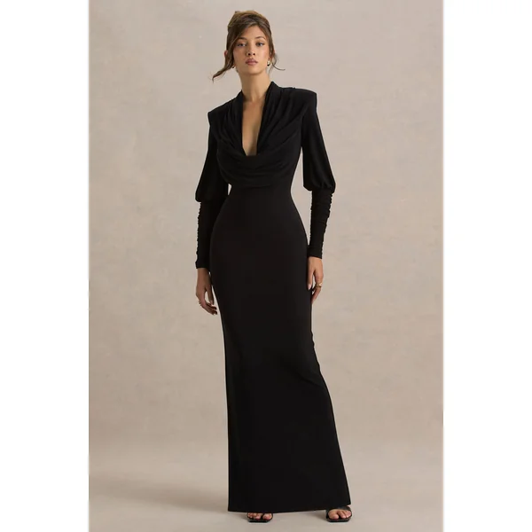 Kaylee | Robe longue noire à col bénitier et détails drapés