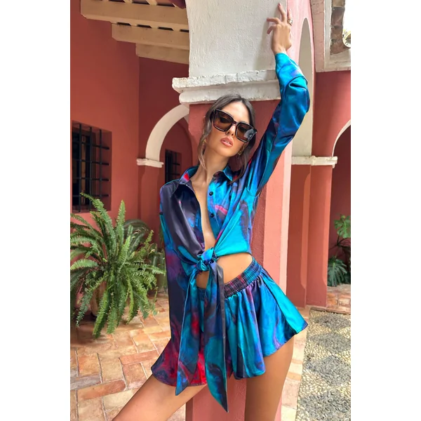 Keep Trying | Short imprimé bleu en satin