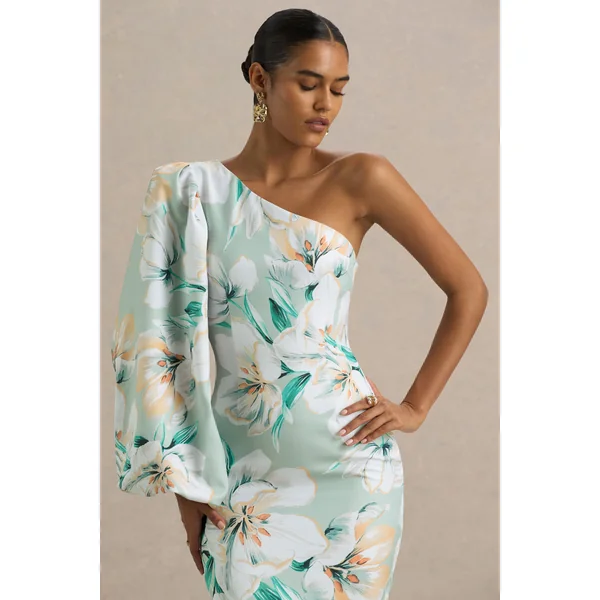 Kellis | Robe longue asymétrique à imprimé floral vert avec manche ballon