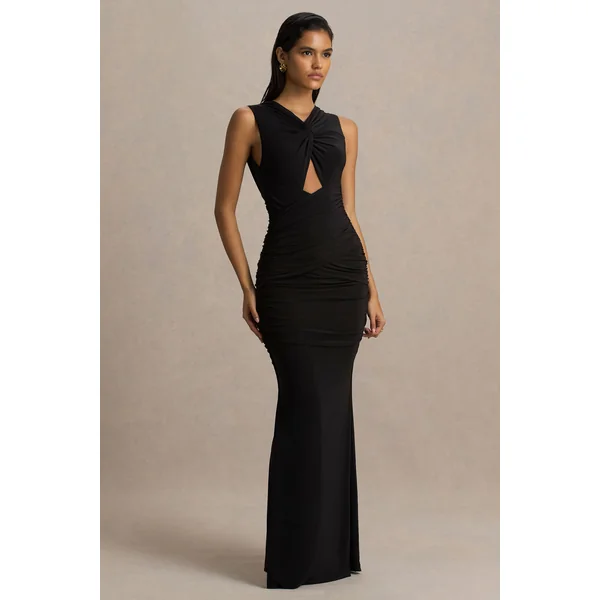 Kendall | Robe longue noire à col montant avec effet drapé et découpe sur la poitrine