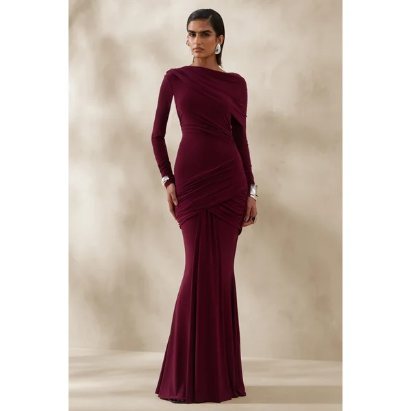 Kessara | Robe longue bordeaux à encolure asymétrique avec écharpe et détails froncés