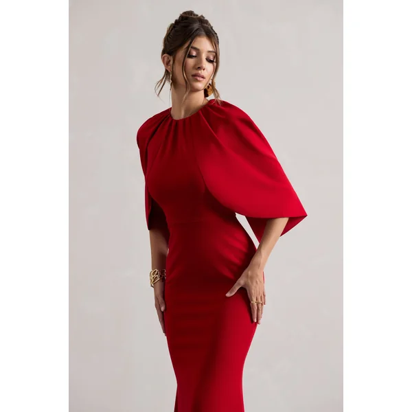 Kianne | Robe longue rouge à manches courtes drapées