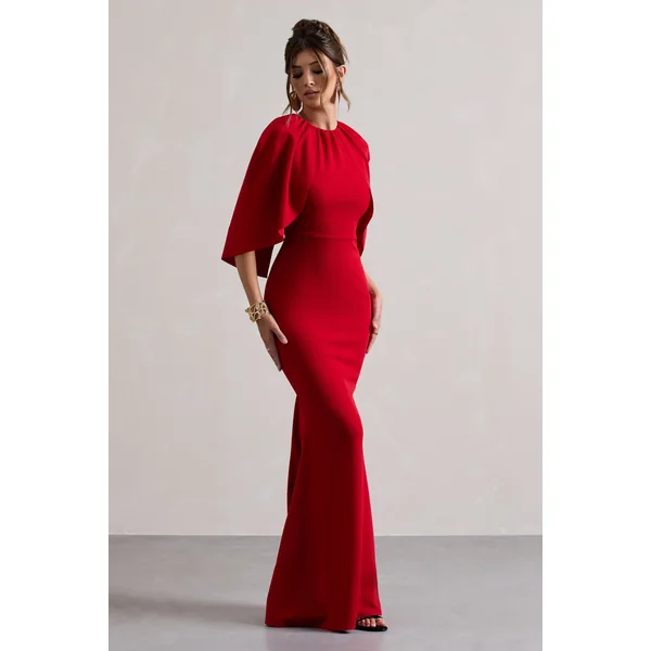 Kianne | Robe longue rouge à manches courtes drapées