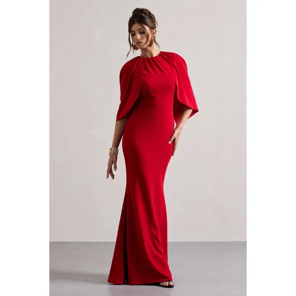 Kianne | Robe longue rouge à manches courtes drapées