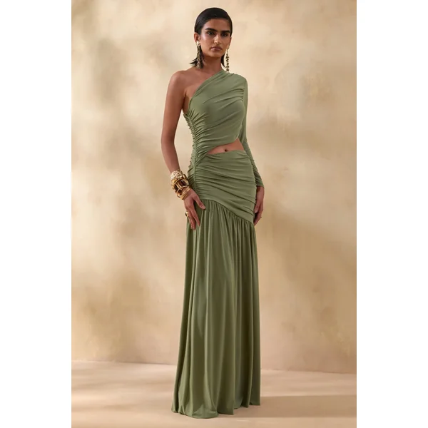 Kinsley | Robe longue olive à encolure asymétrique avec détail ajouré sur le corps