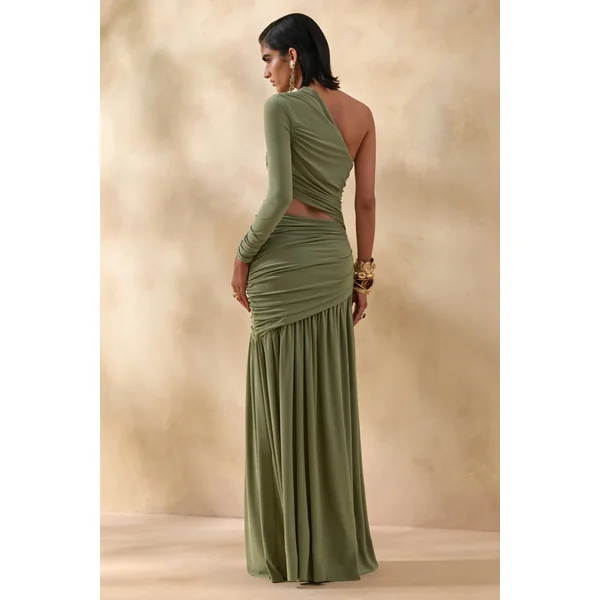 Kinsley | Robe longue olive à encolure asymétrique avec détail ajouré sur le corps