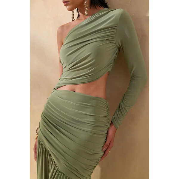 Kinsley | Robe longue olive à encolure asymétrique avec détail ajouré sur le corps