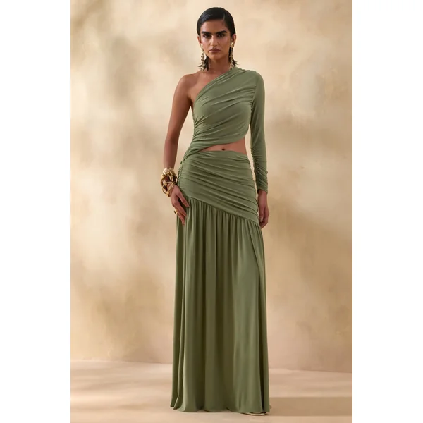 Kinsley | Robe longue olive à encolure asymétrique avec détail ajouré sur le corps