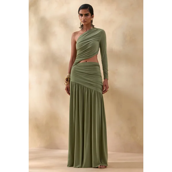 Kinsley | Robe longue olive à encolure asymétrique avec détail ajouré sur le corps