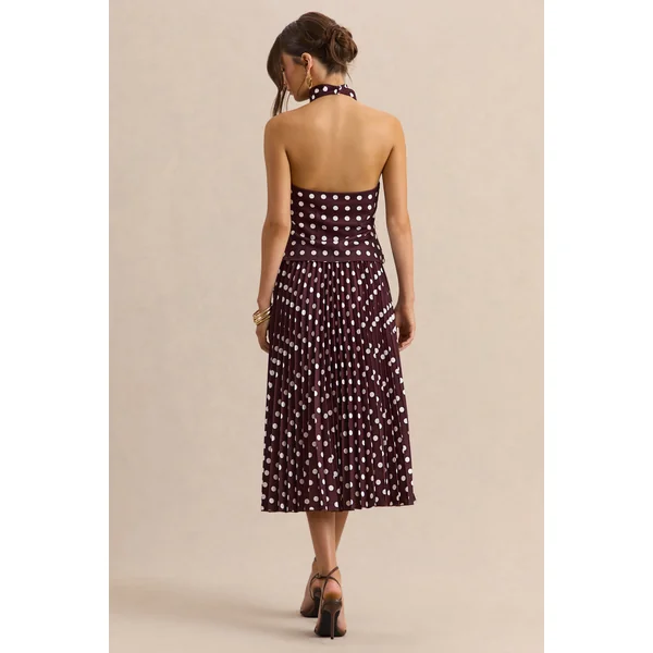 Kiora | Jupe Mi-Longue Marron à Pois en Satin