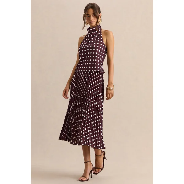 Kiora | Jupe Mi-Longue Marron à Pois en Satin