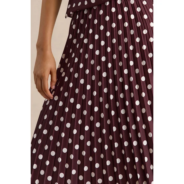 Kiora | Jupe Mi-Longue Marron à Pois en Satin