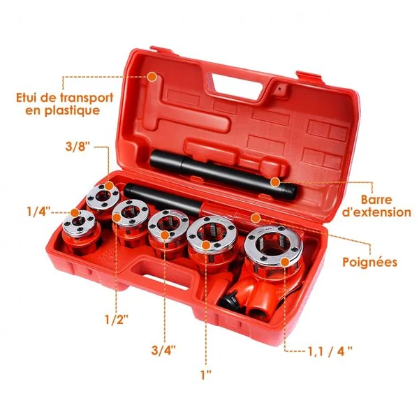 Kit de Filetage de Tuyau à Cliquet Manuel avec 6 Têtes en Fonte 1/4"+3/8"+1/2"+3/4"+1"+1,1/4" avec Caisse de Transport