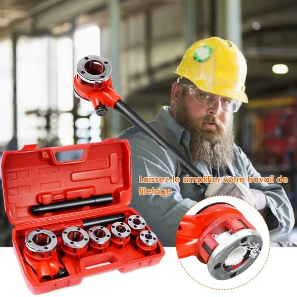 Kit de Filetage de Tuyau à Cliquet Manuel avec 6 Têtes en Fonte 1/4"+3/8"+1/2"+3/4"+1"+1,1/4" avec Caisse de Transport