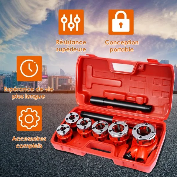 Kit de Filetage de Tuyau à Cliquet Manuel avec 6 Têtes en Fonte 1/4"+3/8"+1/2"+3/4"+1"+1,1/4" avec Caisse de Transport