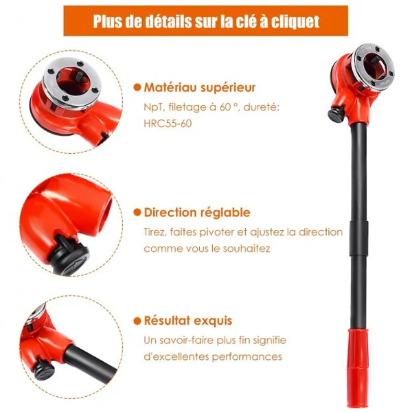 Kit de Filetage de Tuyau à Cliquet Manuel avec 6 Têtes en Fonte 1/4"+3/8"+1/2"+3/4"+1"+1,1/4" avec Caisse de Transport