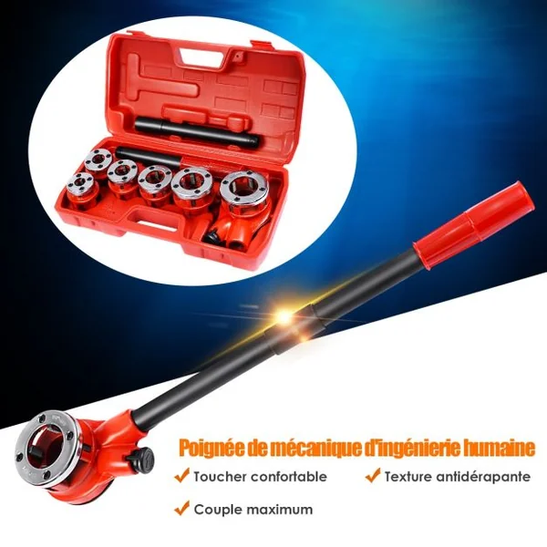 Kit de Filetage de Tuyau à Cliquet Manuel avec 6 Têtes en Fonte 1/4"+3/8"+1/2"+3/4"+1"+1,1/4" avec Caisse de Transport