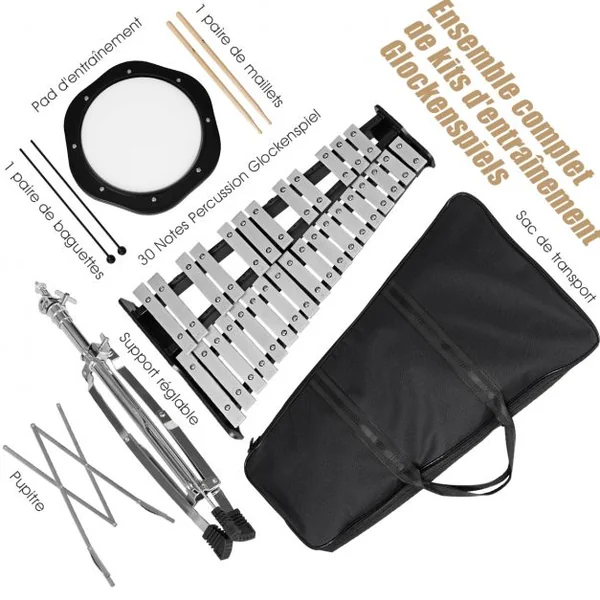 Kit de Percussion Glockenspiel 30 Note avec Support et Pupitre Hauteur Réglable 58-96CM